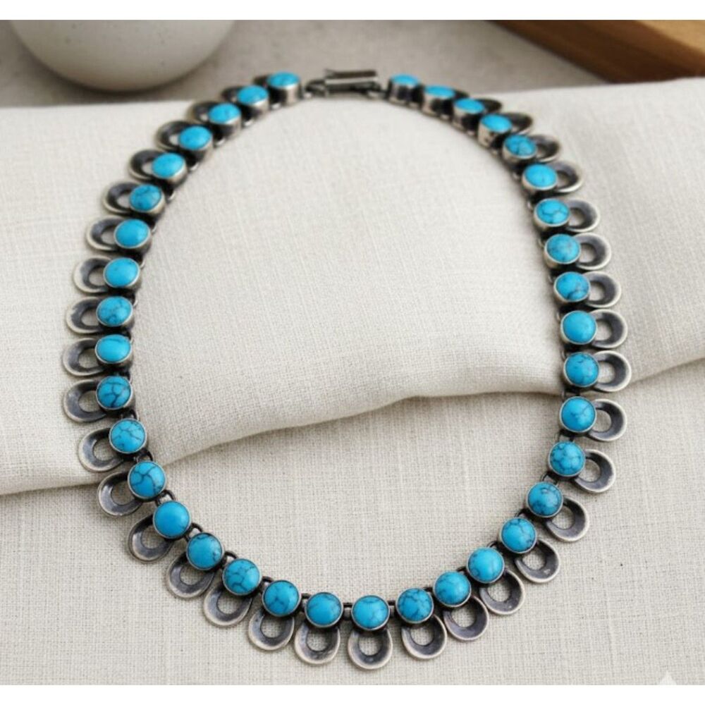 Vintage Mexican Sterling Turquoise Necklace 170g Taxco Style 18”